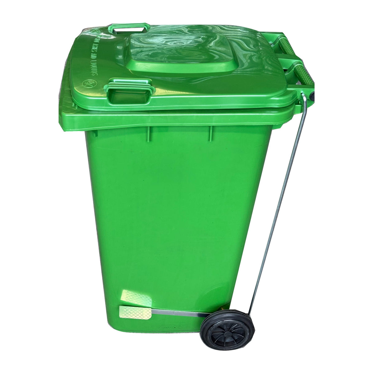 Marcolo 100L side-pedal waste bin with wheels, green, side view with foot pedal