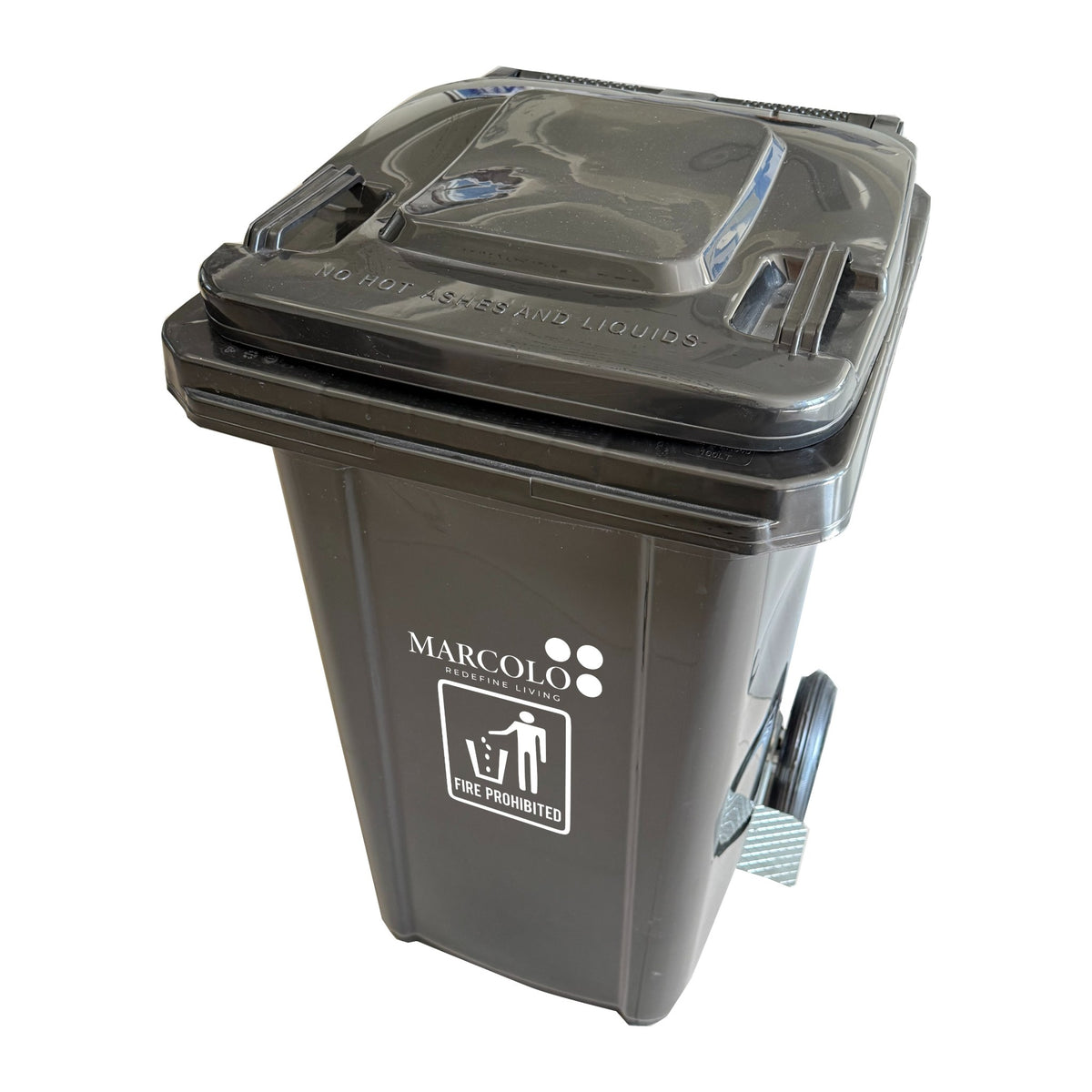 Marcolo 100L side-pedal waste bin with wheels, grey, showing the foot pedal