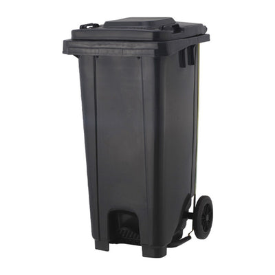 حاوية نفايات شديدة التحمّل 120L بعجلات ودواسة قدم وسطية وغطاء – HDPE مقاوم للأشعة فوق البنفسجية، 8.8 kg