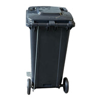 Marcolo 120L side-pedal wheeled bin, grey, rear view with wheels and lid hinge