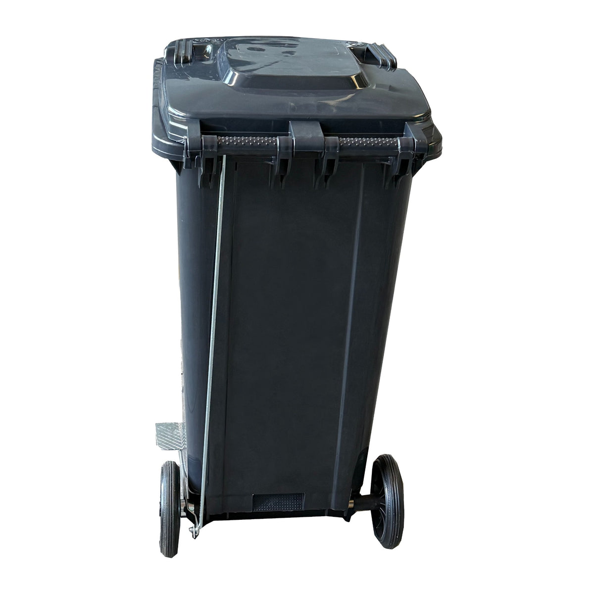 Marcolo 120L side-pedal wheeled bin, grey, rear view with wheels and lid hinge