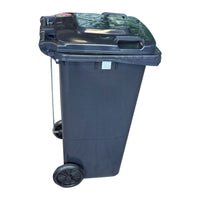 Marcolo 120L side-pedal wheeled bin, grey, side view showing the pedal rod and rear wheel