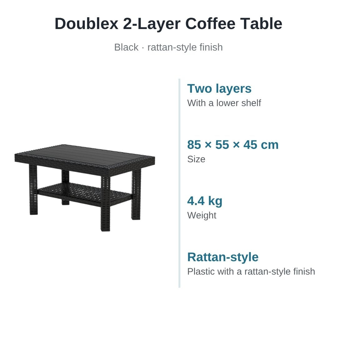 Doublex 2-layer coffee table in black: two layers with a lower shelf, 85 × 55 × 45 cm, 4.4 kg, rattan-style finish