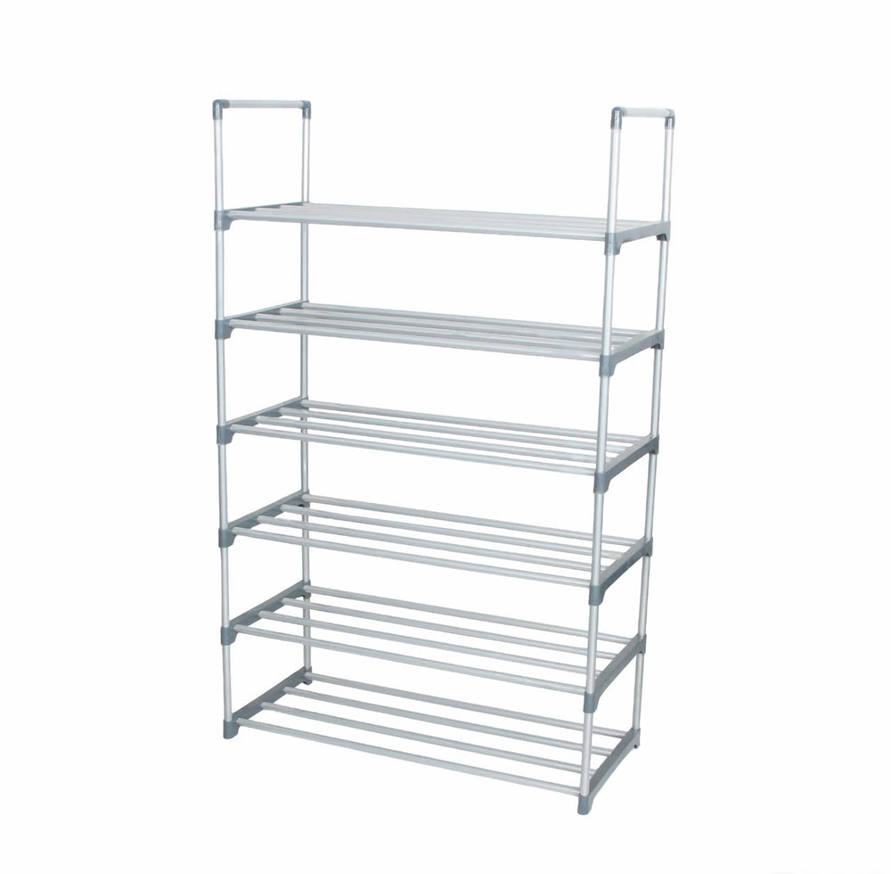 Easy 6-Tier Metal Shoe Rack, 65×30×107 cm, Silver – angled view