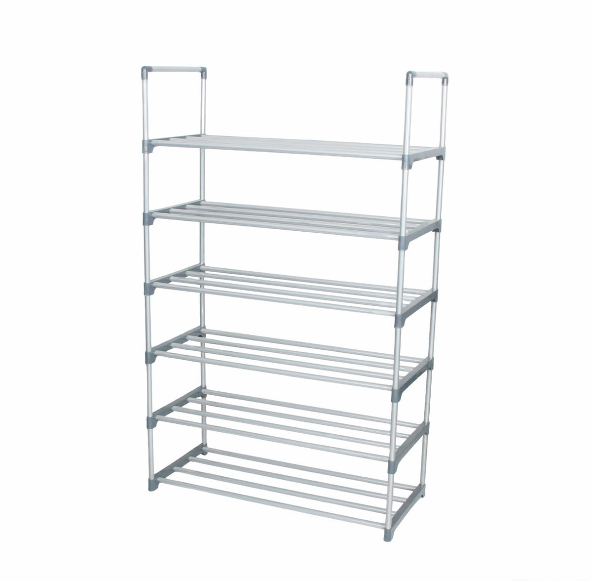 Easy 6-Tier Metal Shoe Rack, 65×30×107 cm, Silver – angled view