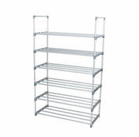 Easy 6-Tier Metal Shoe Rack, 65×30×107 cm, Silver – angled view