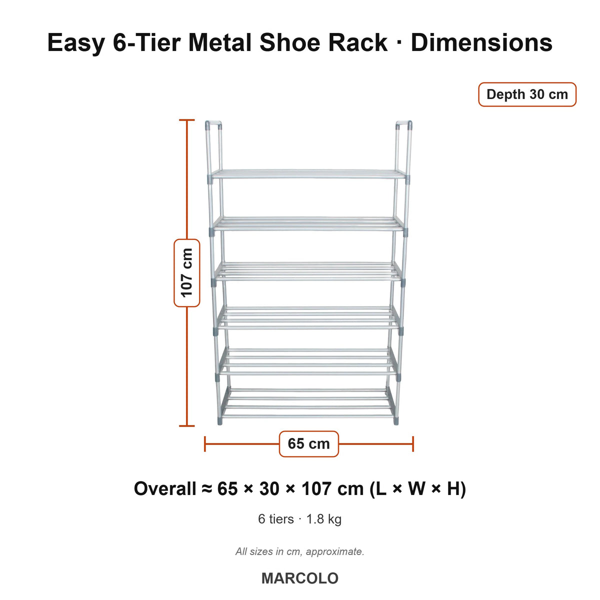 Easy 6-Tier Metal Shoe Rack – dimensions