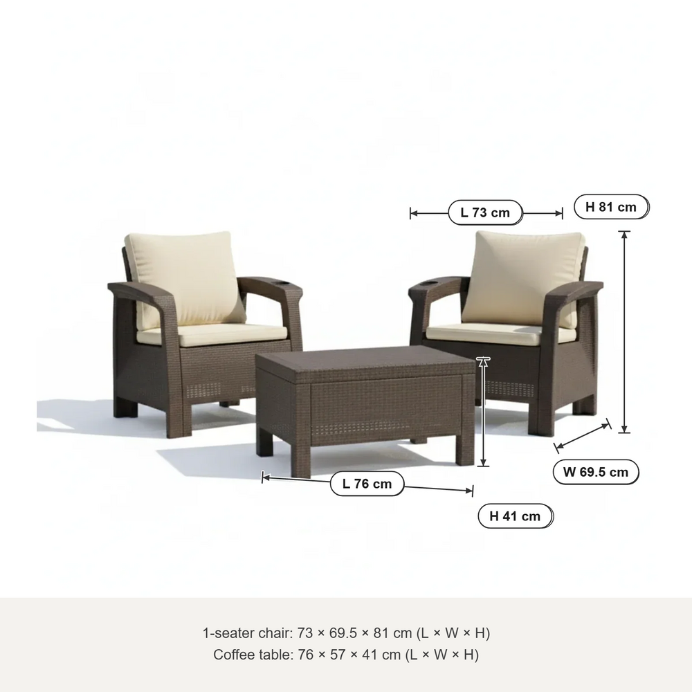 Marcolo Havana 2-seater sofa set size diagram: 1-seater 73 × 69.5 × 81 cm, table 76 × 57 × 41 cm