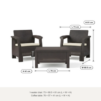 Marcolo Havana 2-seater sofa set size diagram, seat and back cushions: 1-seater 73 × 69.5 × 81 cm, table 76 × 57 × 41 cm