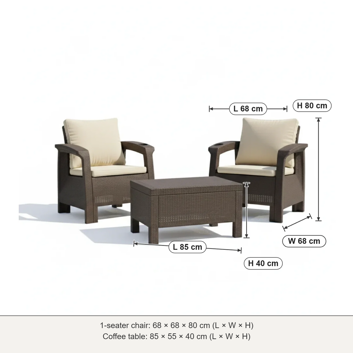 Havana 2-seater outdoor sofa set dimensions: 1-seater 68 × 68 × 80 cm, table 85 × 55 × 40 cm (L × W × H)