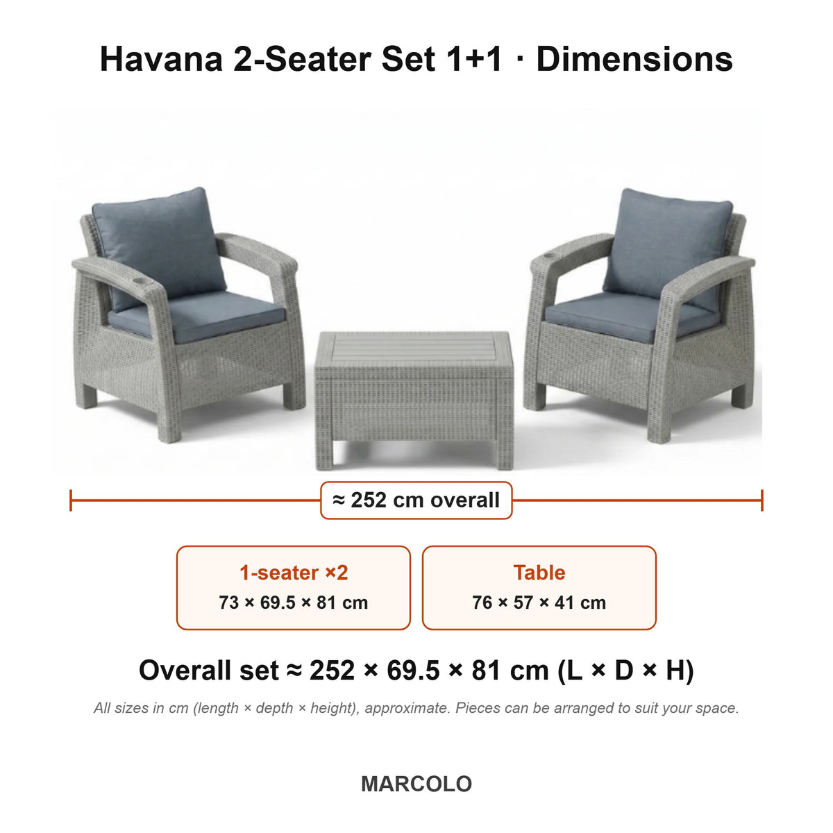 Havana 2-Seater Set 1+1 – dimensions (Grey)
