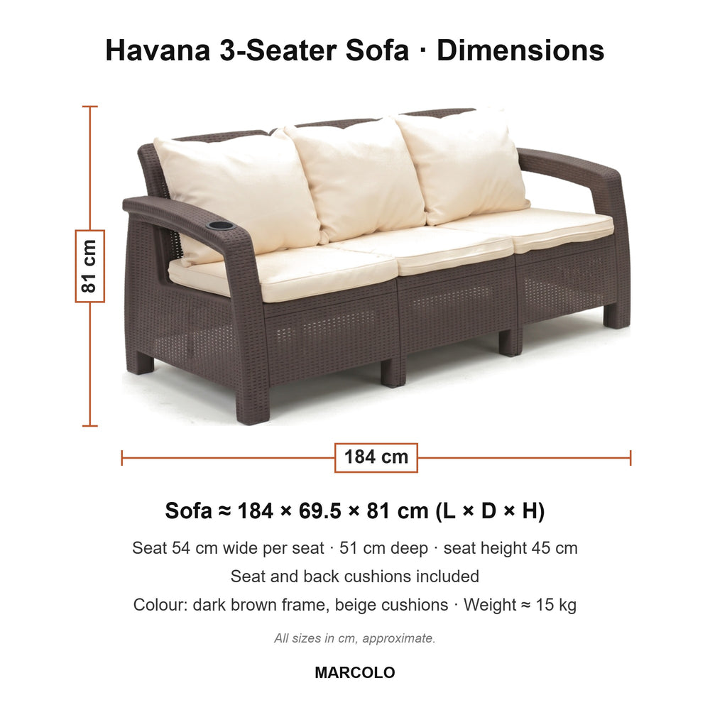 Havana 3-seater sofa dimensions, dark brown, seat and back cushions