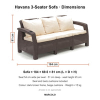 Havana 3-seater sofa dimensions, dark brown, seat and back cushions