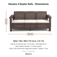 Havana 3-seater sofa dimensions, dark brown, seat cushions: 184 × 69.5 × 81 cm