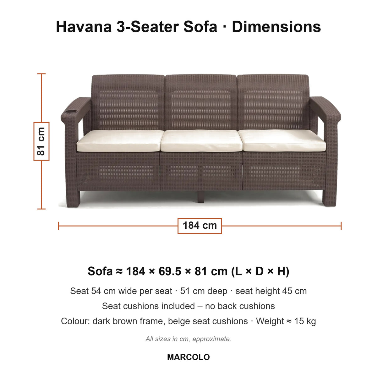 Havana 3-seater sofa dimensions, dark brown, seat cushions: 184 × 69.5 × 81 cm