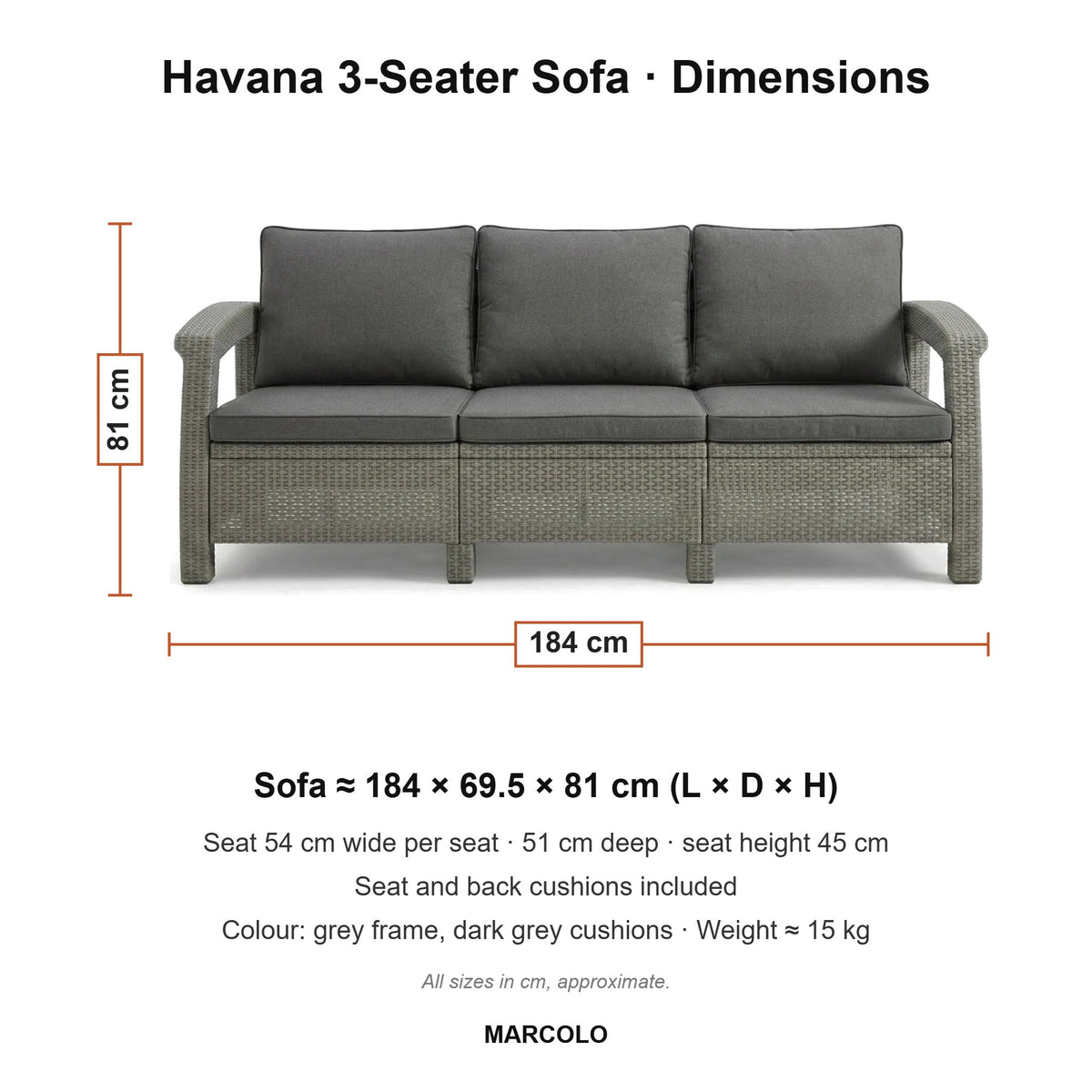 Havana 3-seater sofa dimensions, grey, seat and back cushions