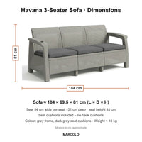Havana 3-seater sofa dimensions, grey, seat cushions: 184 × 69.5 × 81 cm