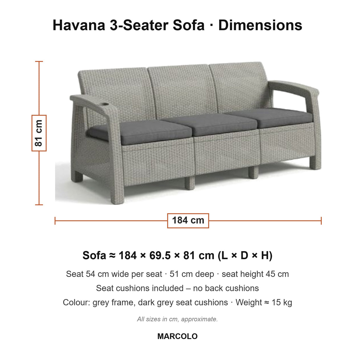 Havana 3-seater sofa dimensions, grey, seat cushions: 184 × 69.5 × 81 cm
