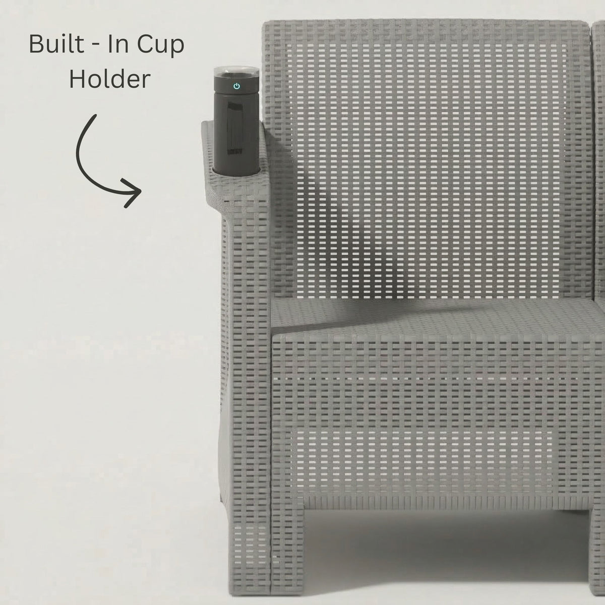 Close-up of the built-in cup holder in the armrest of the Marcolo Havana sofa, grey