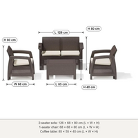 Havana 4-seater outdoor sofa set dimensions: 2-seater 126 × 68 × 80 cm, 1-seater 68 × 68 × 80 cm, table 85 × 55 × 40 cm (L × W × H)