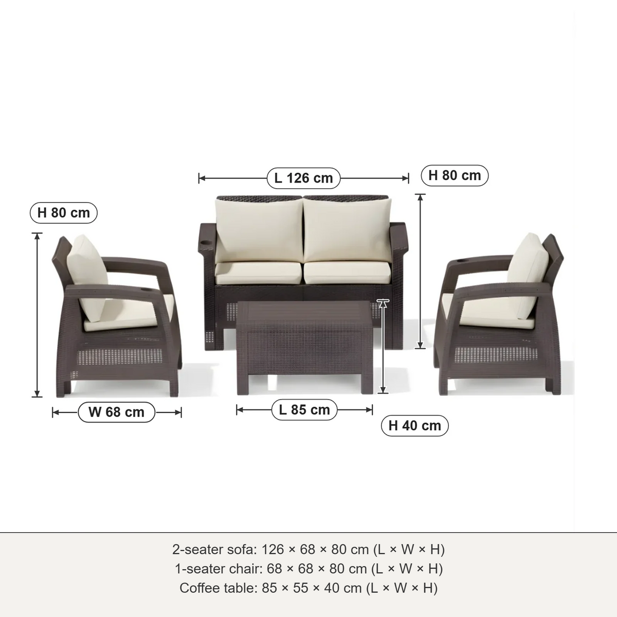 Havana 4-seater outdoor sofa set dimensions: 2-seater 126 × 68 × 80 cm, 1-seater 68 × 68 × 80 cm, table 85 × 55 × 40 cm (L × W × H)
