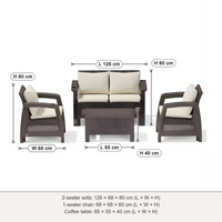 Havana 4-seater outdoor sofa set dimensions: 2-seater 126 × 68 × 80 cm, 1-seater 68 × 68 × 80 cm, table 85 × 55 × 40 cm (L × W × H)