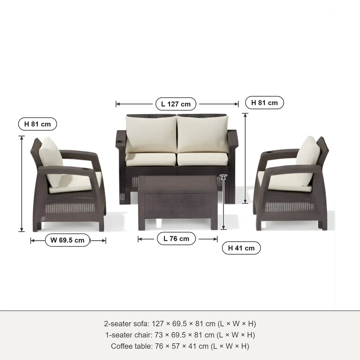 Marcolo Havana 4-seater sofa set size diagram: 2-seater 127 × 69.5 × 81 cm, armchair 73 × 69.5 × 81 cm, table 76 × 57 × 41 cm