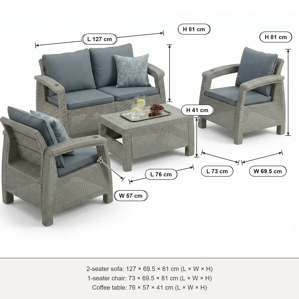 Marcolo Havana 4-seater sofa set, grey, size diagram: 2-seater sofa, armchair and coffee table, L × W × H in cm