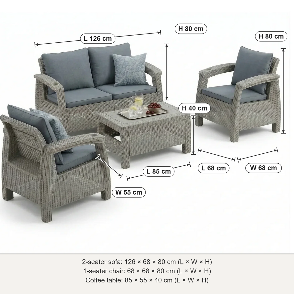Havana 4-seater outdoor sofa set dimensions: 2-seater 126 × 68 × 80 cm, 1-seater 68 × 68 × 80 cm, table 85 × 55 × 40 cm (L × W × H)