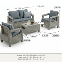 Havana 4-seater outdoor sofa set dimensions: 2-seater 126 × 68 × 80 cm, 1-seater 68 × 68 × 80 cm, table 85 × 55 × 40 cm (L × W × H)