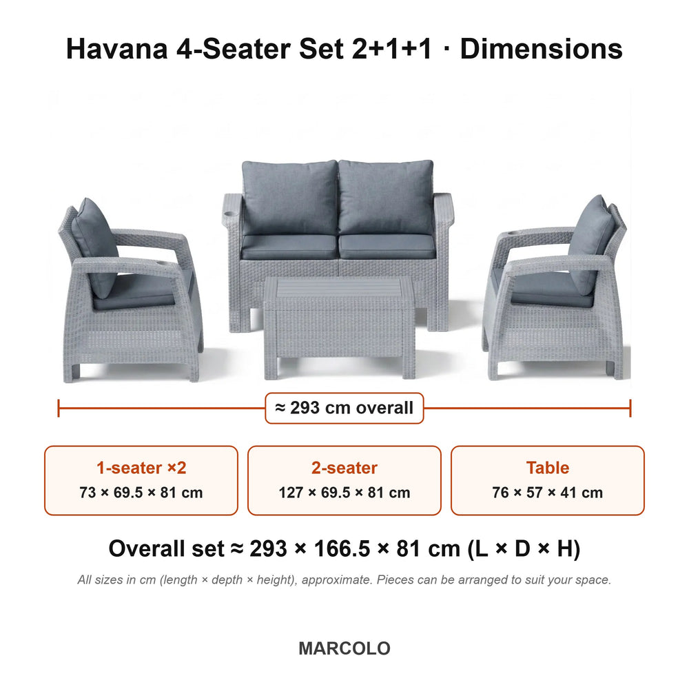 Havana 4-Seater Set 2+1+1 – dimensions (Grey)