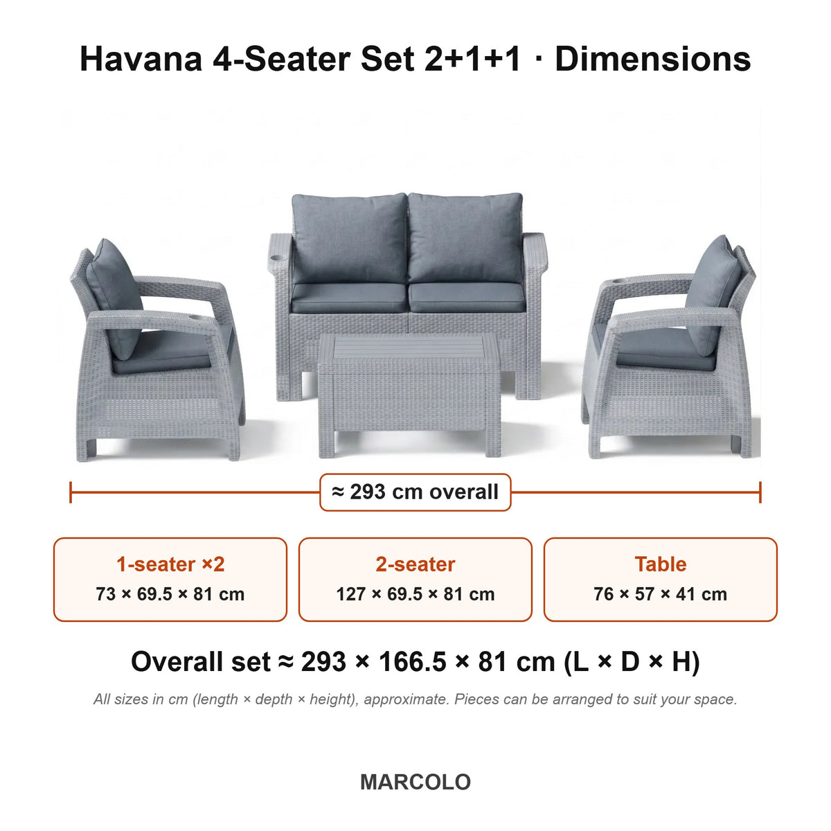 Havana 4-Seater Set 2+1+1 – dimensions (Grey)