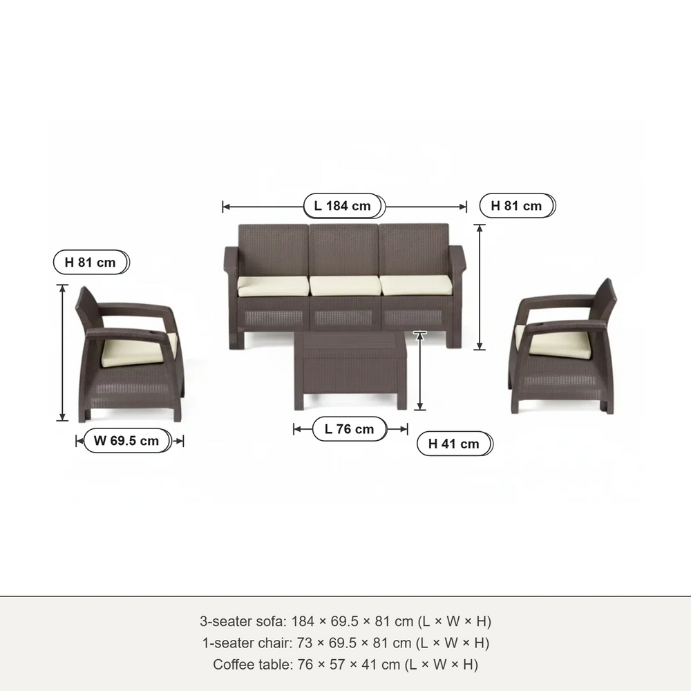 Marcolo Havana 5-seater sofa set size diagram: 3-seater 184 × 69.5 × 81 cm, armchair 73 × 69.5 × 81 cm, table 76 × 57 × 41 cm