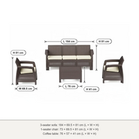 Marcolo Havana 5-seater sofa set size diagram: 3-seater 184 × 69.5 × 81 cm, armchair 73 × 69.5 × 81 cm, table 76 × 57 × 41 cm