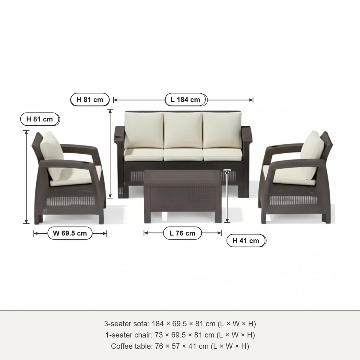 Marcolo Havana 5-seater sofa set size diagram: 3-seater 184 × 69.5 × 81 cm, armchair 73 × 69.5 × 81 cm, table 76 × 57 × 41 cm