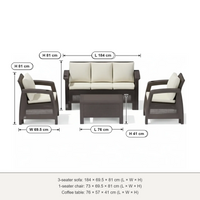 Marcolo Havana 5-seater sofa set size diagram: 3-seater 184 × 69.5 × 81 cm, armchair 73 × 69.5 × 81 cm, table 76 × 57 × 41 cm
