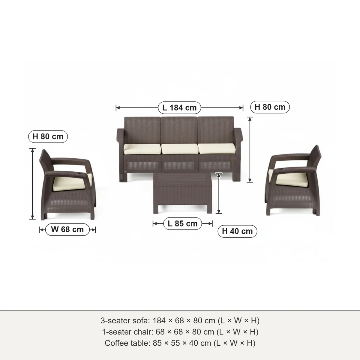 Havana 5-seater outdoor sofa set dimensions: 3-seater 184 × 68 × 80 cm, 1-seater 68 × 68 × 80 cm, table 85 × 55 × 40 cm (L × W × H)