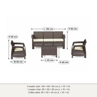 Havana 5-seater outdoor sofa set dimensions: 3-seater 184 × 68 × 80 cm, 1-seater 68 × 68 × 80 cm, table 85 × 55 × 40 cm (L × W × H)