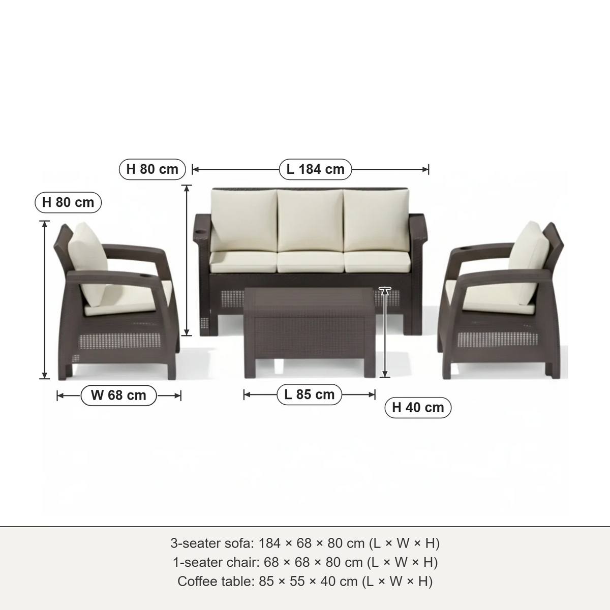 Havana 5-seater outdoor sofa set dimensions: 3-seater 184 × 68 × 80 cm, 1-seater 68 × 68 × 80 cm, table 85 × 55 × 40 cm (L × W × H)