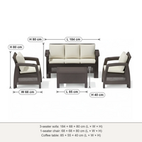Havana 5-seater outdoor sofa set dimensions: 3-seater 184 × 68 × 80 cm, 1-seater 68 × 68 × 80 cm, table 85 × 55 × 40 cm (L × W × H)