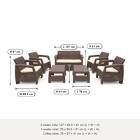 Marcolo Havana 6-seater sofa set size diagram: 2-seater 127 × 69.5 × 81 cm, armchair 73 × 69.5 × 81 cm, table 76 × 57 × 41 cm