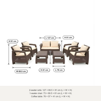 Marcolo Havana 6-seater sofa set (seat and back cushions) size diagram: 2-seater, armchair and table, L × W × H in cm