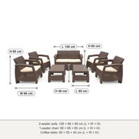 Havana 6-seater outdoor sofa set dimensions: 2-seater 126 × 68 × 80 cm, 1-seater 68 × 68 × 80 cm, table 85 × 55 × 40 cm (L × W × H)