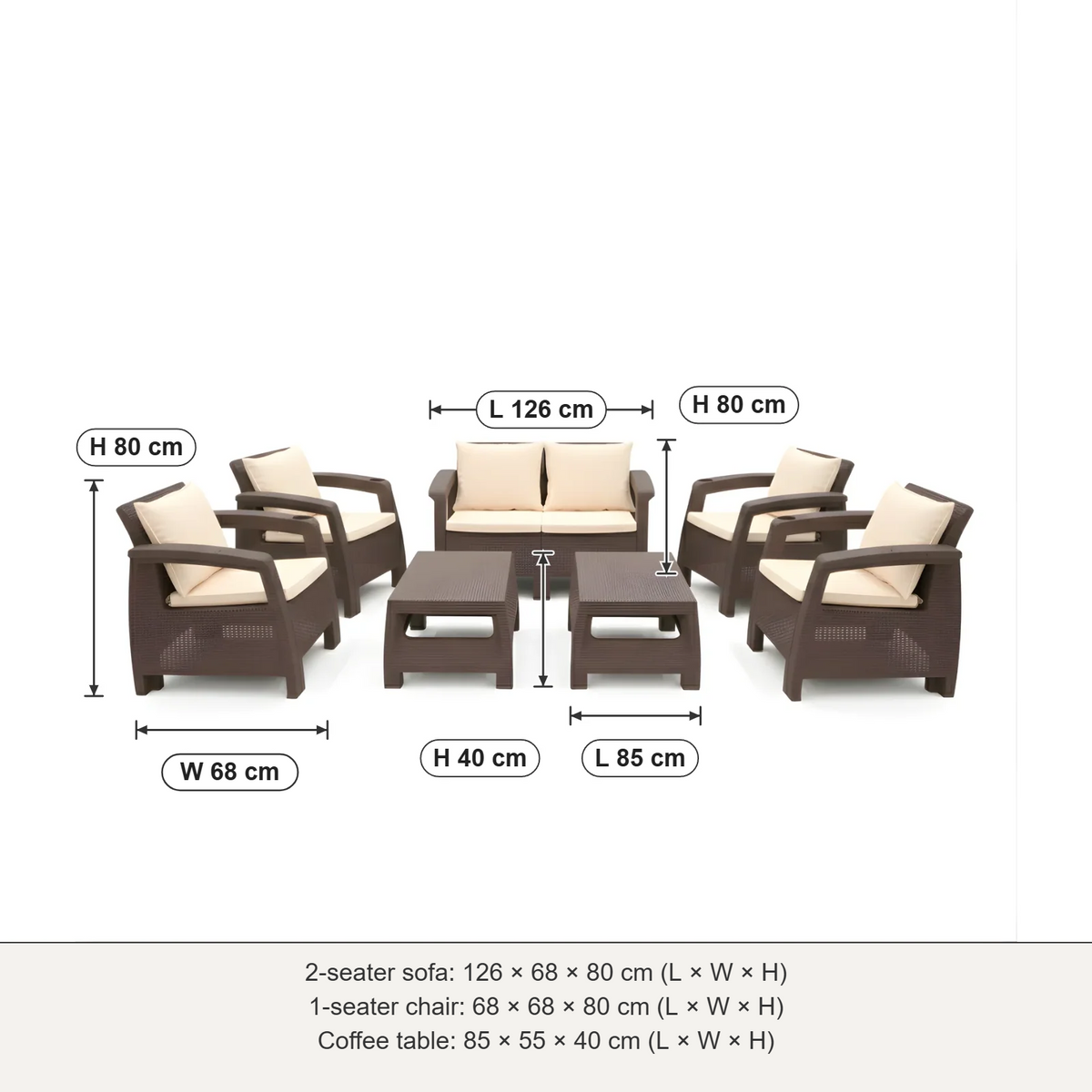 Havana 6-seater outdoor sofa set dimensions: 2-seater 126 × 68 × 80 cm, 1-seater 68 × 68 × 80 cm, table 85 × 55 × 40 cm (L × W × H)