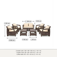 Havana 6-seater outdoor sofa set dimensions: 2-seater 126 × 68 × 80 cm, 1-seater 68 × 68 × 80 cm, table 85 × 55 × 40 cm (L × W × H)