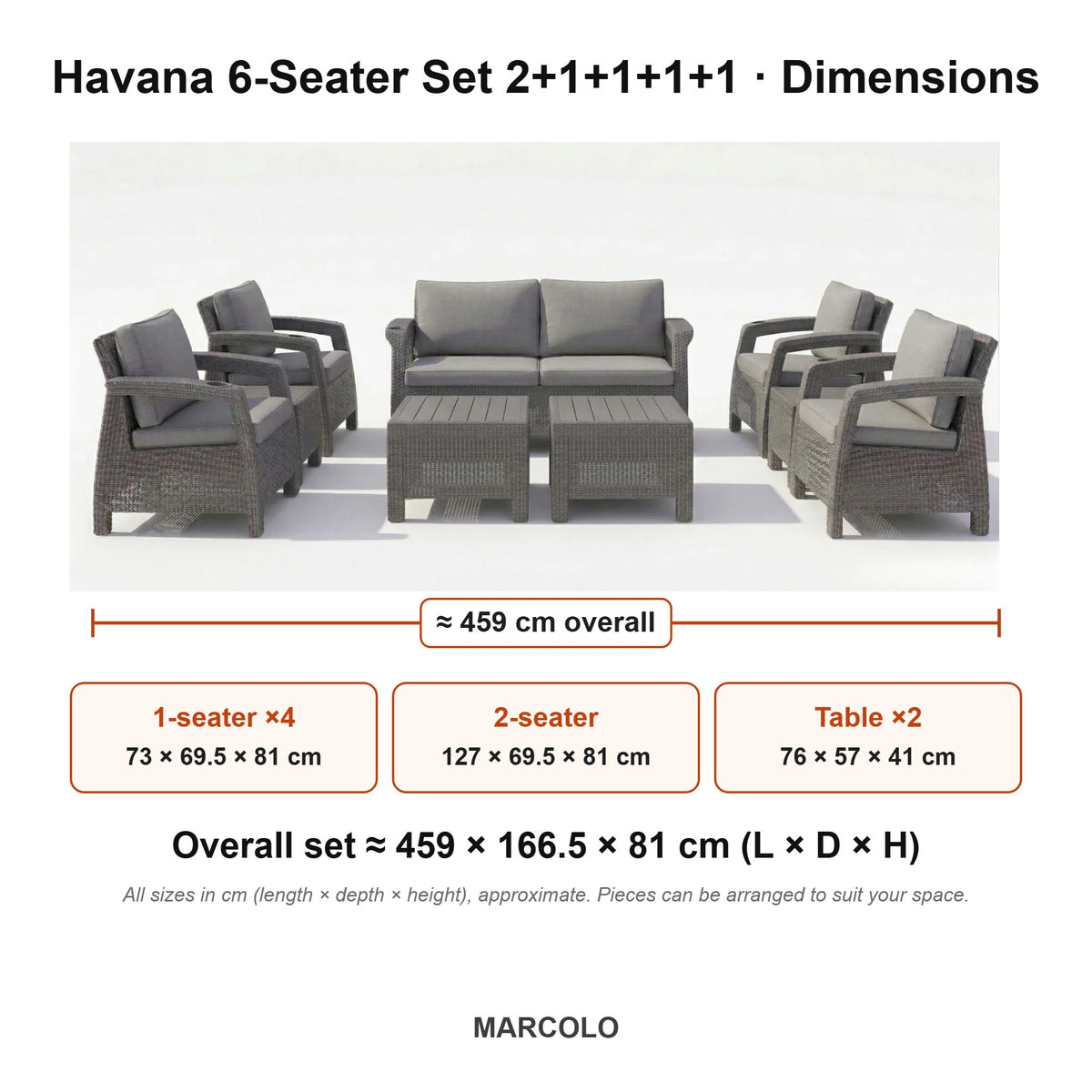 Havana 6-Seater Set 2+1+1+1+1 – dimensions (Grey)