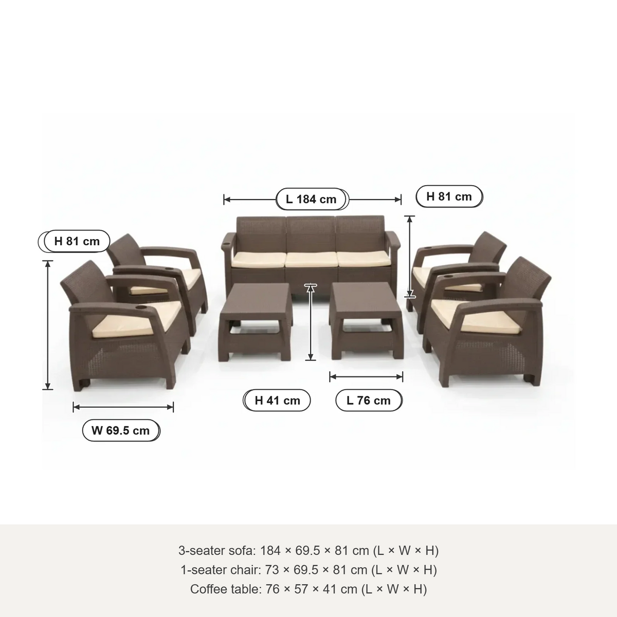 Marcolo Havana 7-seater sofa set (3+1+1+1+1, seat cushions) size diagram: 3-seater, armchair and table, in cm