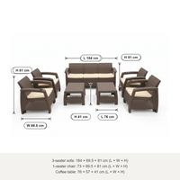 Marcolo Havana 7-seater sofa set (3+1+1+1+1, seat cushions) size diagram: 3-seater, armchair and table, in cm