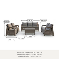 Marcolo Havana 7-seater sofa set (3+1+1+1+1, seat and back cushions) size diagram: 3-seater, armchair and table, in cm