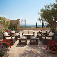Marcolo Brown Rattan Outdoor Loveseat with Cream Seating Cushions